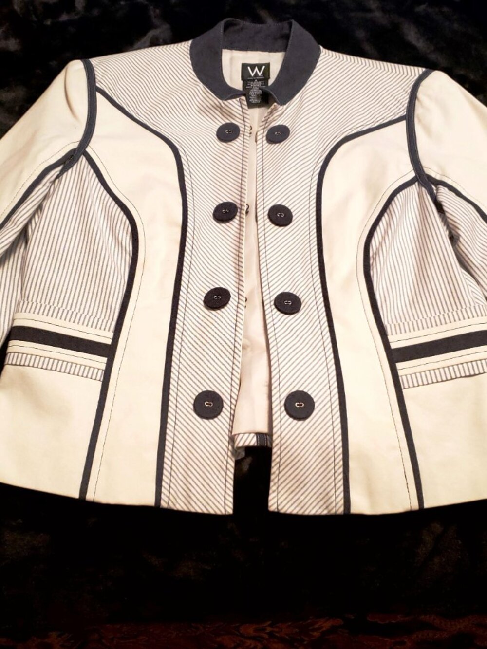 Work to Weekend Jacket, Size 8, Off White with Blue Jean Trim